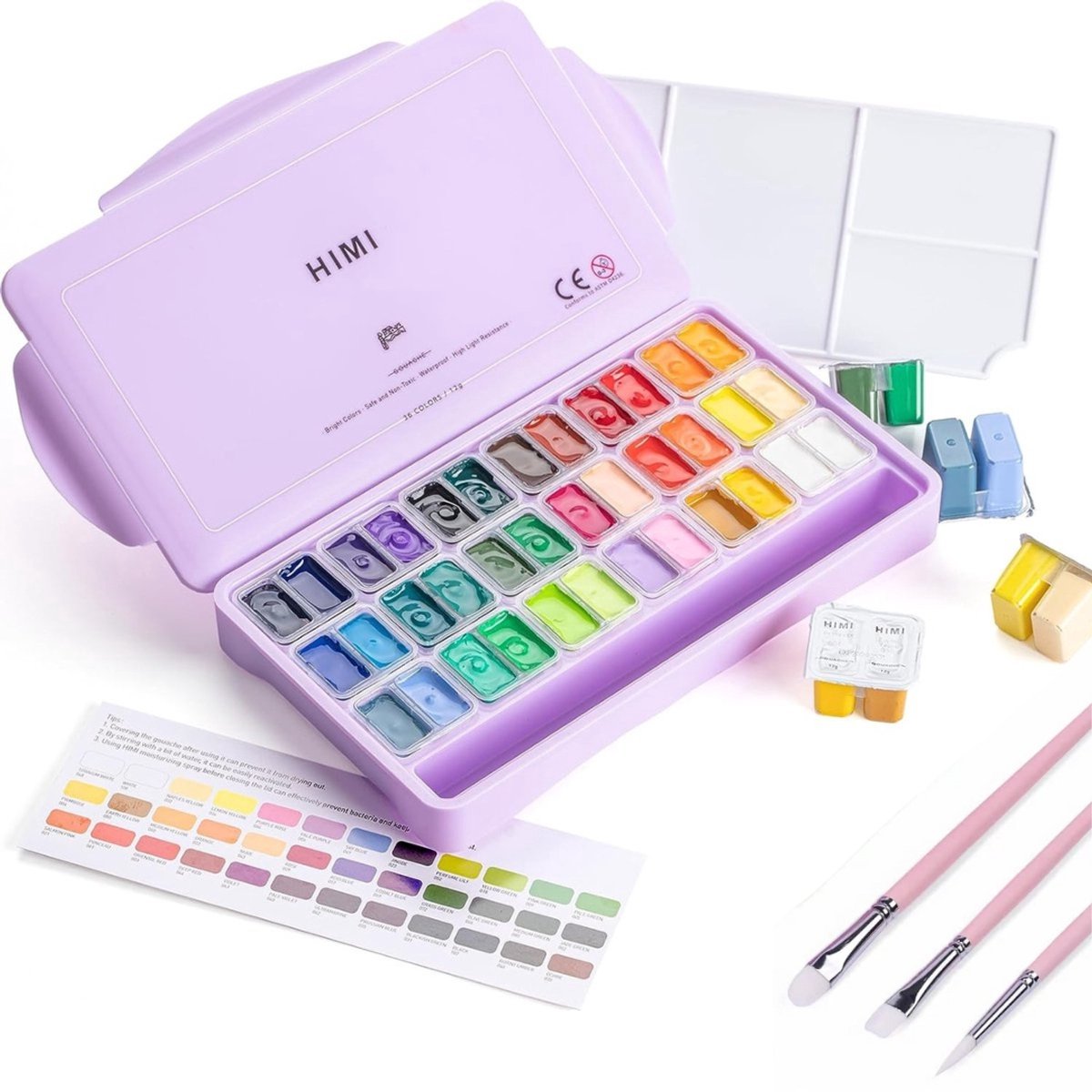 HIMI Gouache - set van 36 kleuren 12g - Twin split cups Lila + 3 penselen