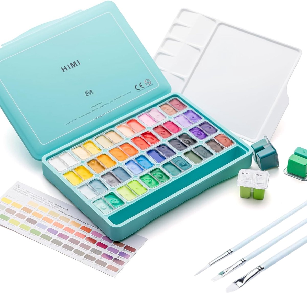 HIMI Gouache - set van 48 kleuren 12g - Twin split cups - Turquoise + 3 penselen