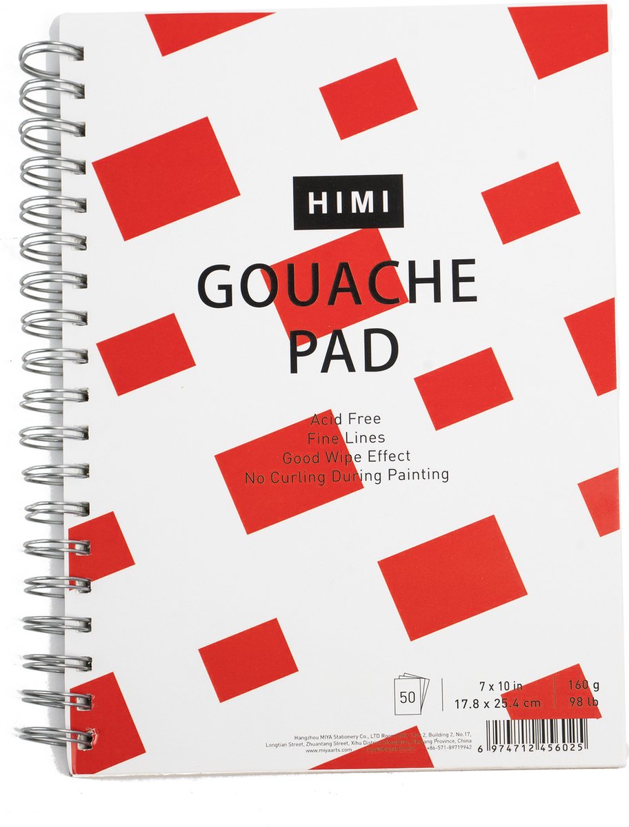 HIMI Gouache Pad - 17,8 x 25,4cm ringband - 50 vellen - 160 gram - wit papier