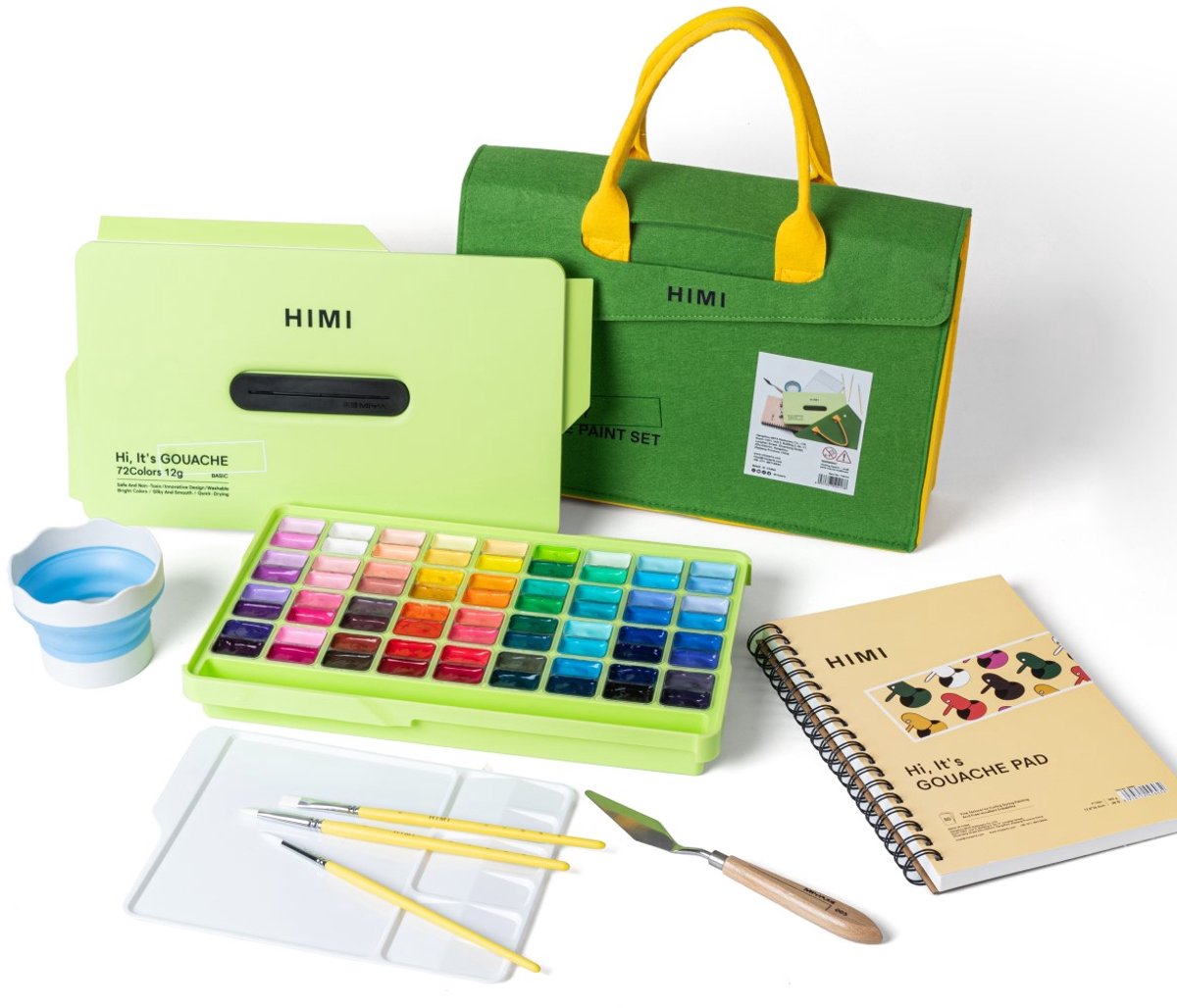 HIMI Gouache van 72 kleuren 12g – Twin split cups + 3 penselen + gouache pad + paletmes + mengpalet + mini opvouwbare beker + vilten tas