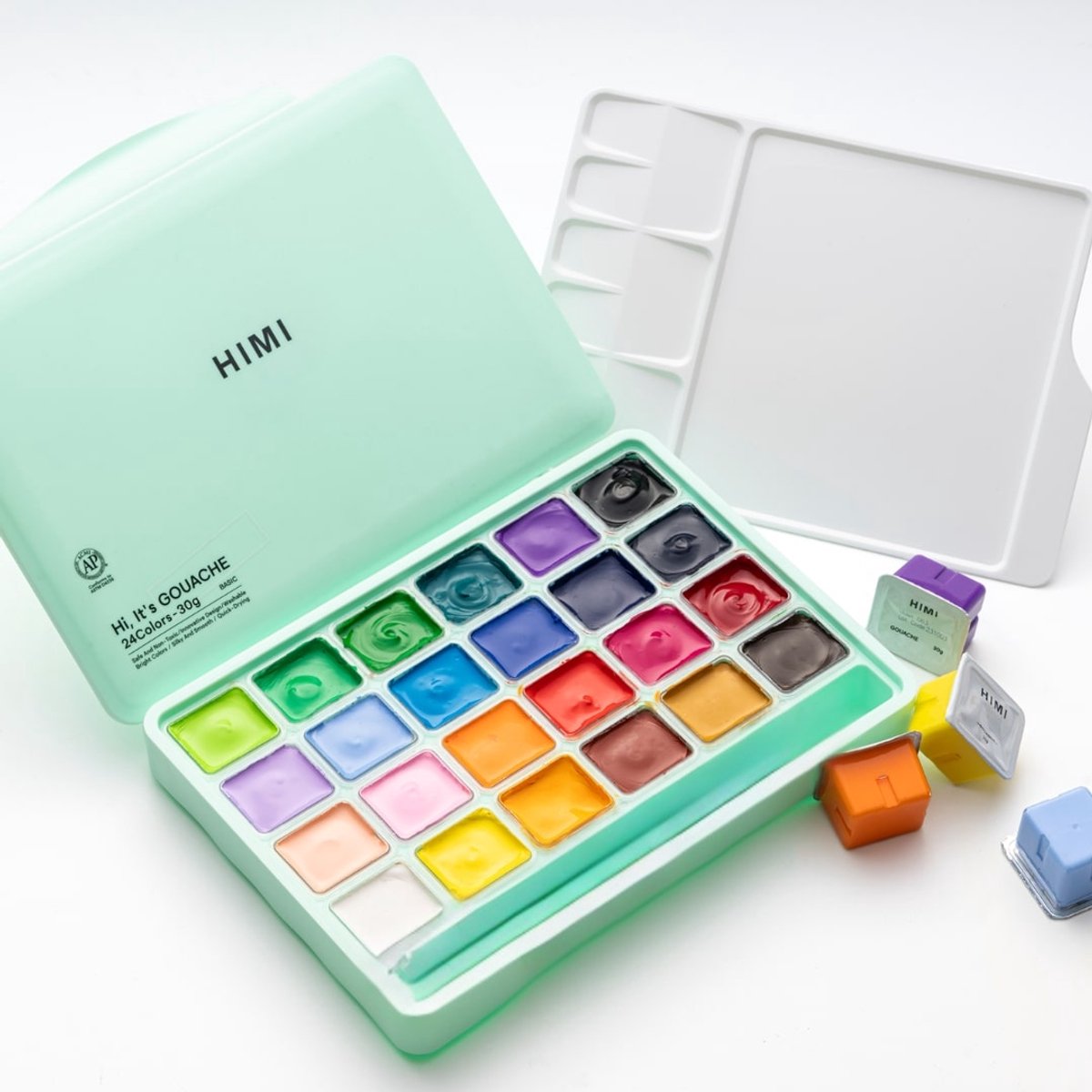 HIMI Gouache – 24 kleuren x 30gr – in kunststof opbergbox groen