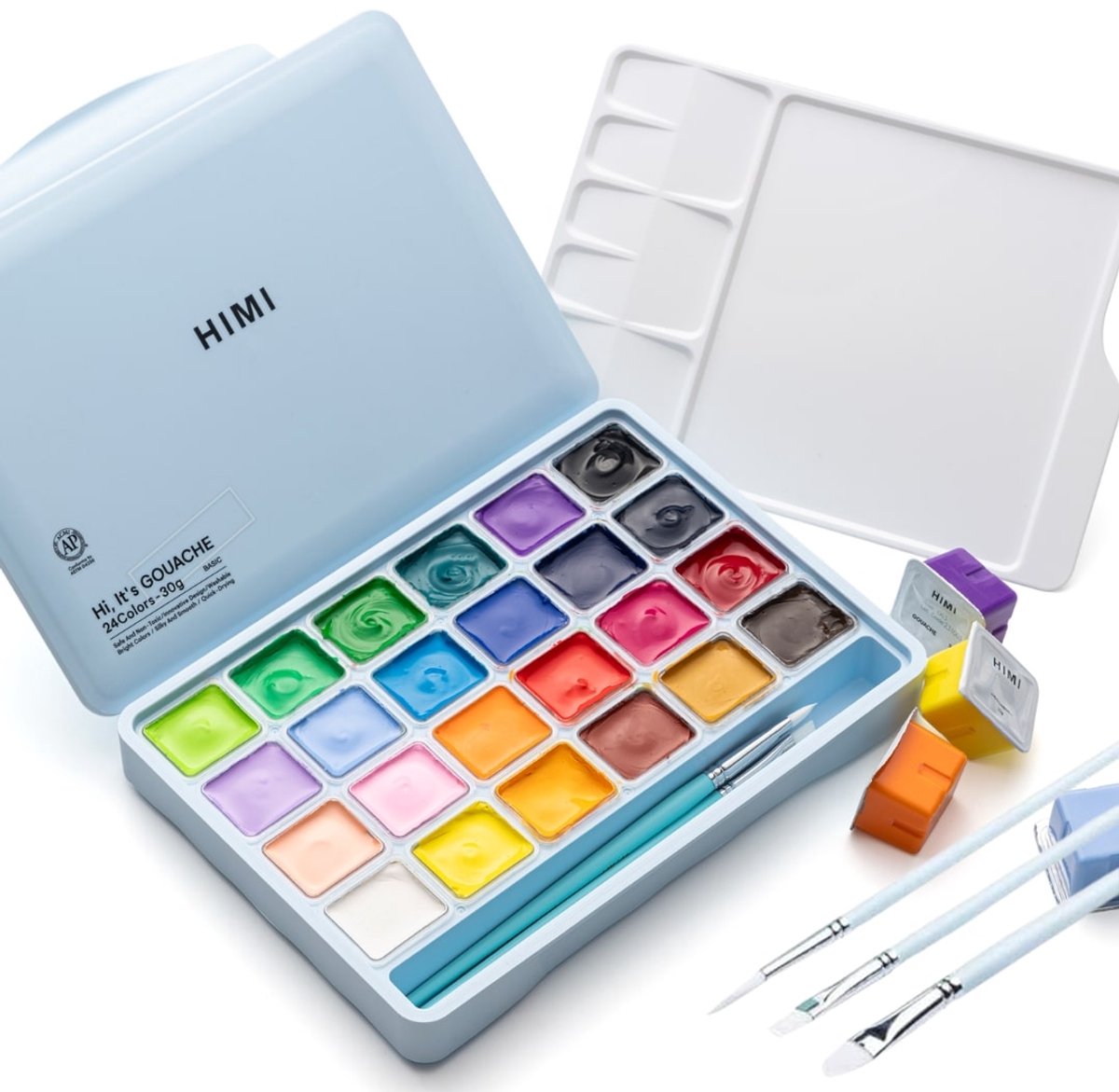 HIMI Gouache – set van 24 kleuren x 30g – in kunststof opbergbox – Ice Blue Limited edition + 3 penselen