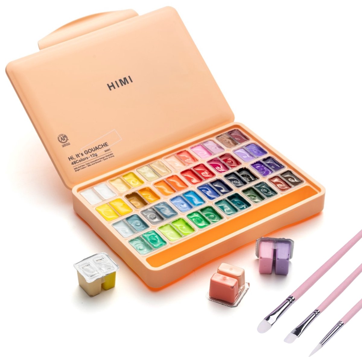 HIMI Gouache – set van 48 kleuren 12g – Twin split cups – Peach Fuzz + 3 penselen