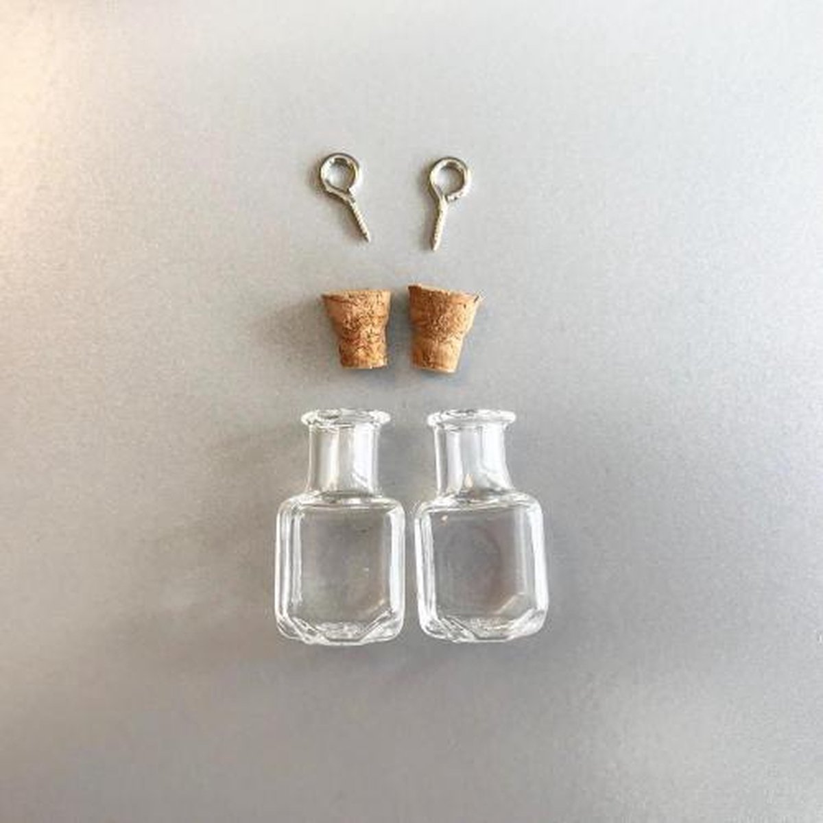 Mini Glass Bottles, with cork & screw hanger,13.8×13.8x24mm (6mm hole), 2 pcs