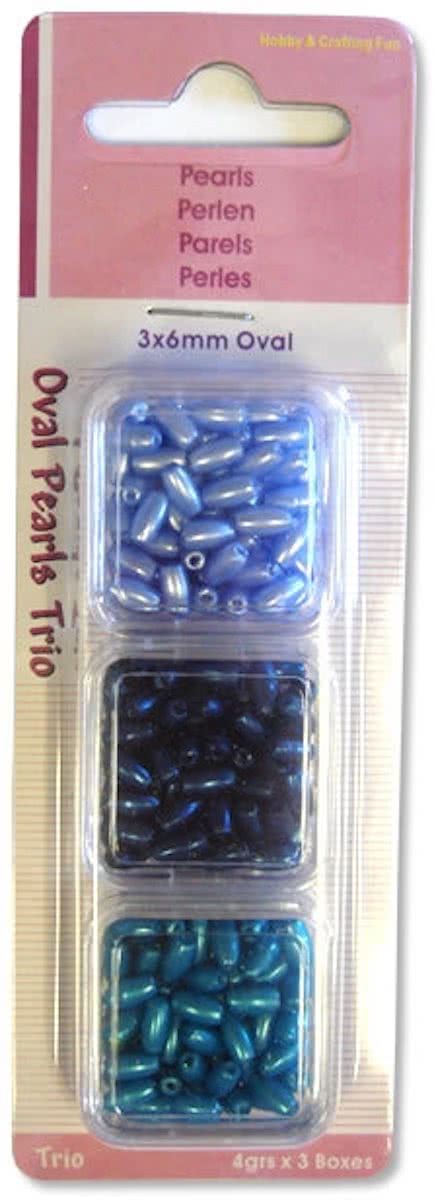 Trio doosje ovaal parels, 5 pakjes a 3x6mm Immitatieparels blauwtinten
