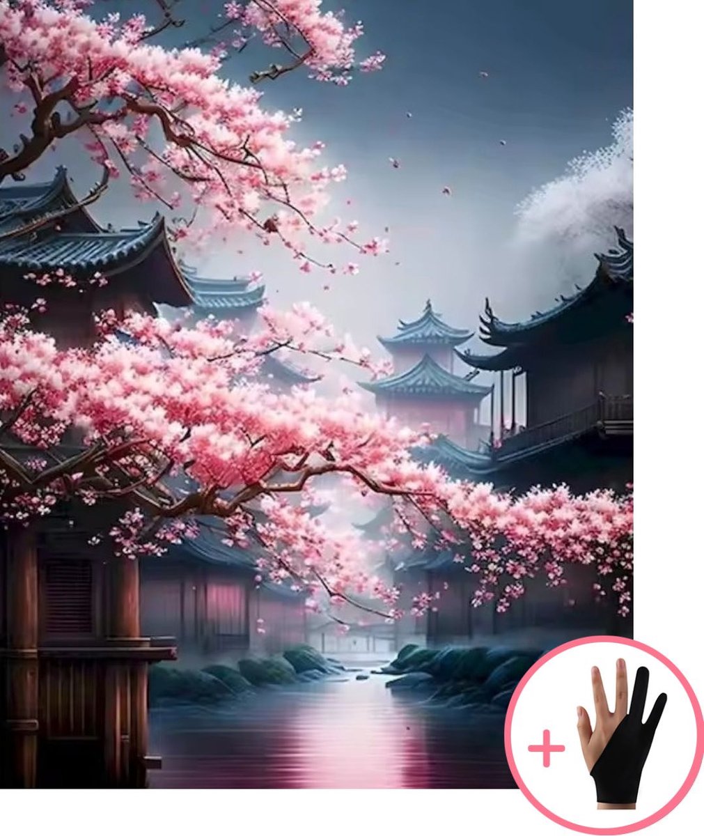 HobbyMania Schilderen Op Nummer Volwassenen - Kersenbloesem - Tempel - Bloemen - Inclusief Verf Penselen en Tekenhandschoen - Kleuren Op Nummer - Paint By Number Volwassenen - 40x50 cm