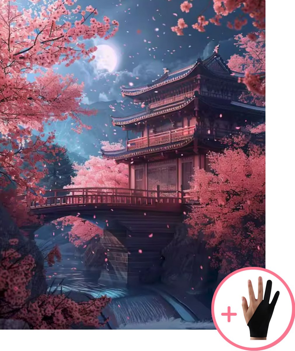 HobbyMania Schilderen Op Nummer Volwassenen - Tempelbrug bij Maanlicht en Sakura - Inclusief Verf Penselen en Tekenhandschoen - Kleuren Op Nummer - Paint By Number Volwassenen - 40x50 cm