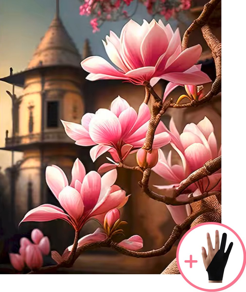 HobbyMania Schilderen Op Nummer Volwassenen - Toren met Magnolia Bloesem - Inclusief Verf Penselen en Tekenhandschoen - Kleuren Op Nummer - Paint By Number Volwassenen - 40x50 cm