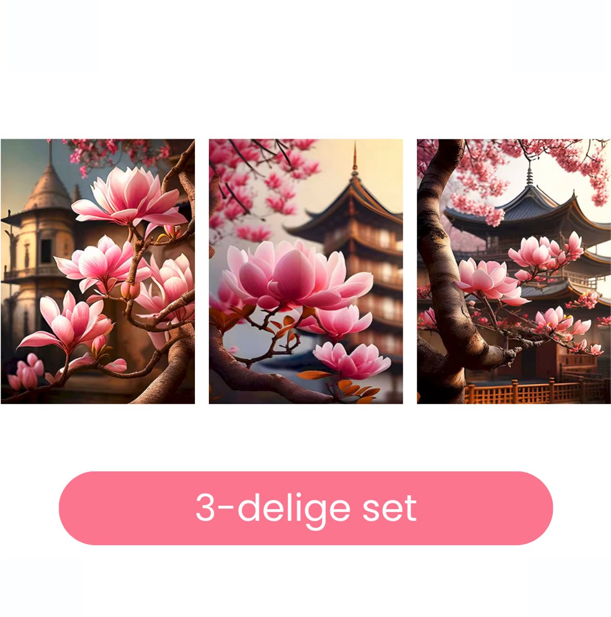 HobbyMania Schilderen op Nummer Volwassenen Drieluik - Tempels met Magnoliabloesems - Inclusief Verf, Penselen en Tekenhandschoen - Kleuren op Nummer - 3x 40x50 cm