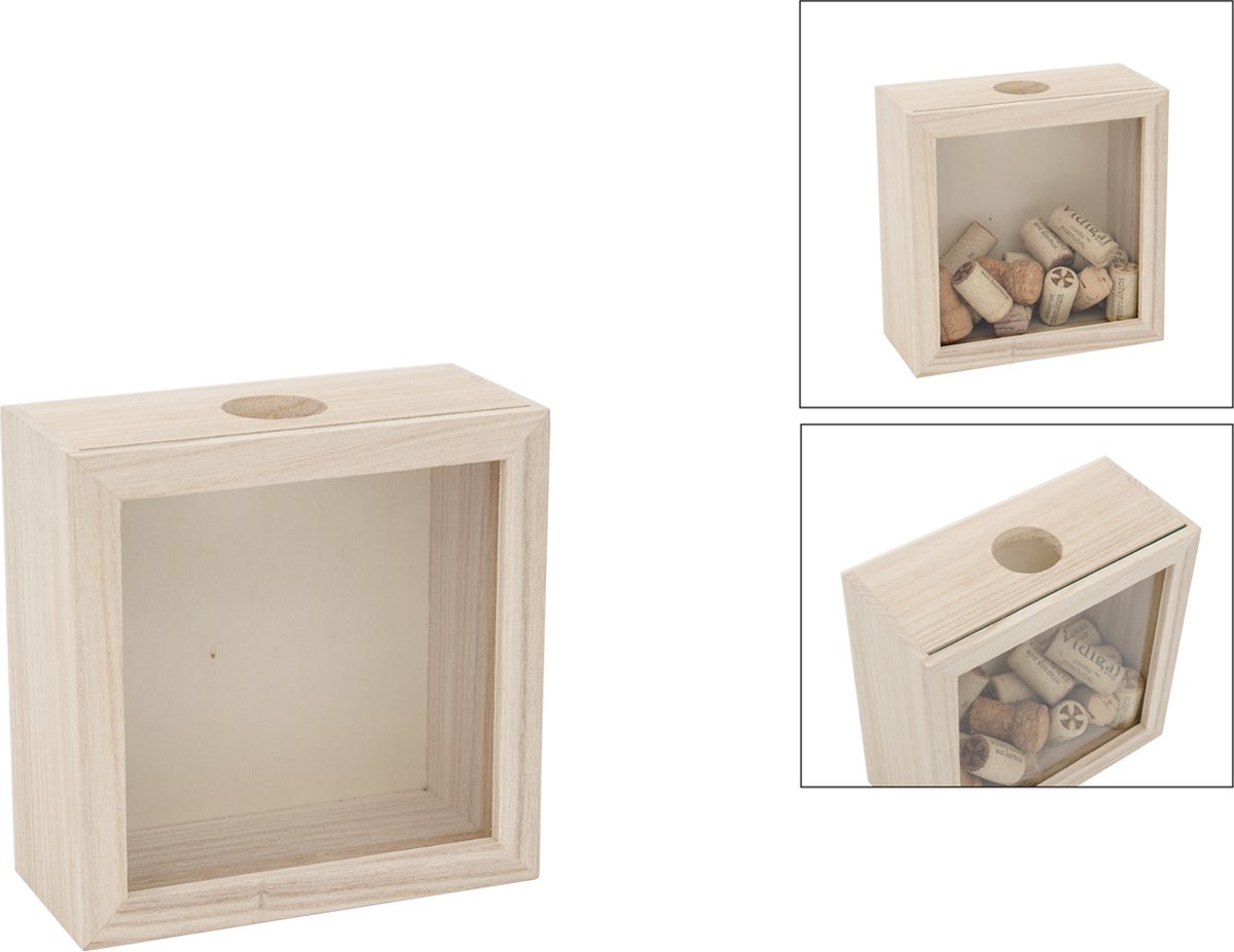Hobbygroep houten spaarpot lijst - decoratieve kurken verzamelbox 17x9x17 cm.