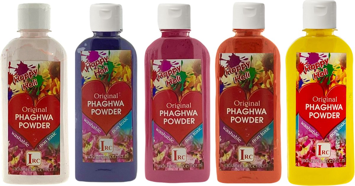 Holi   Pakket - Festival Kleurenpoeder - Phaghwa Powder - In Spuitfles - 5 Kleuren - Pakket A