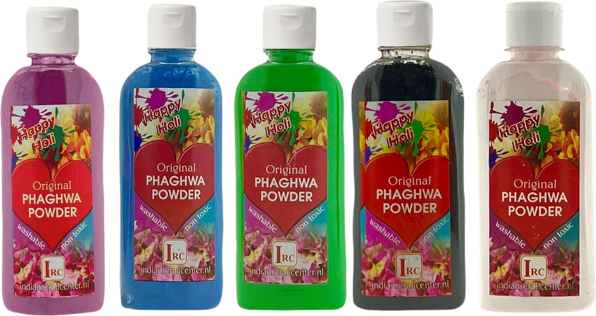Holi   Pakket - Festival Kleurenpoeder - Phaghwa Powder - In Spuitfles - 5 Kleuren - Pakket B