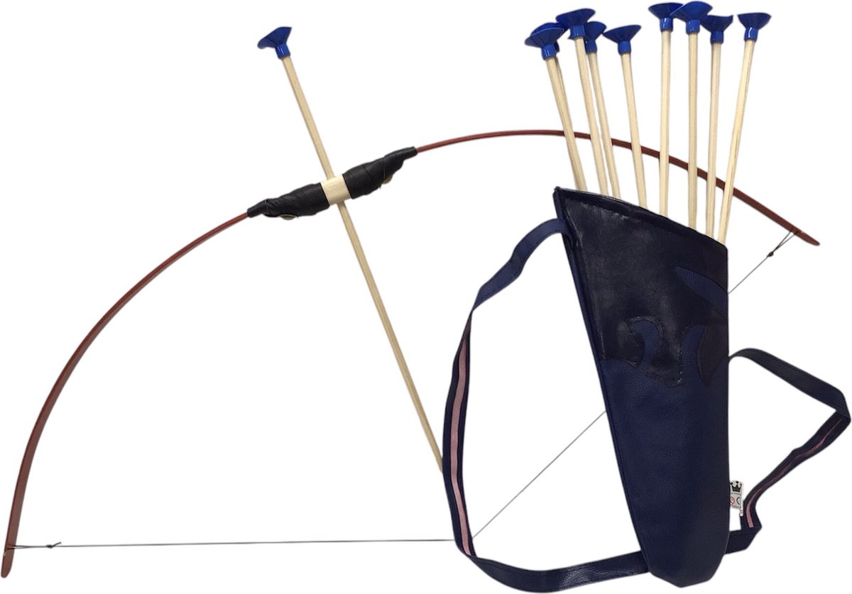 Houten PIJL EN BOOG rood 100cm. Uitrusting met rug koker blauw voor pijlen ( 10 pijlen )