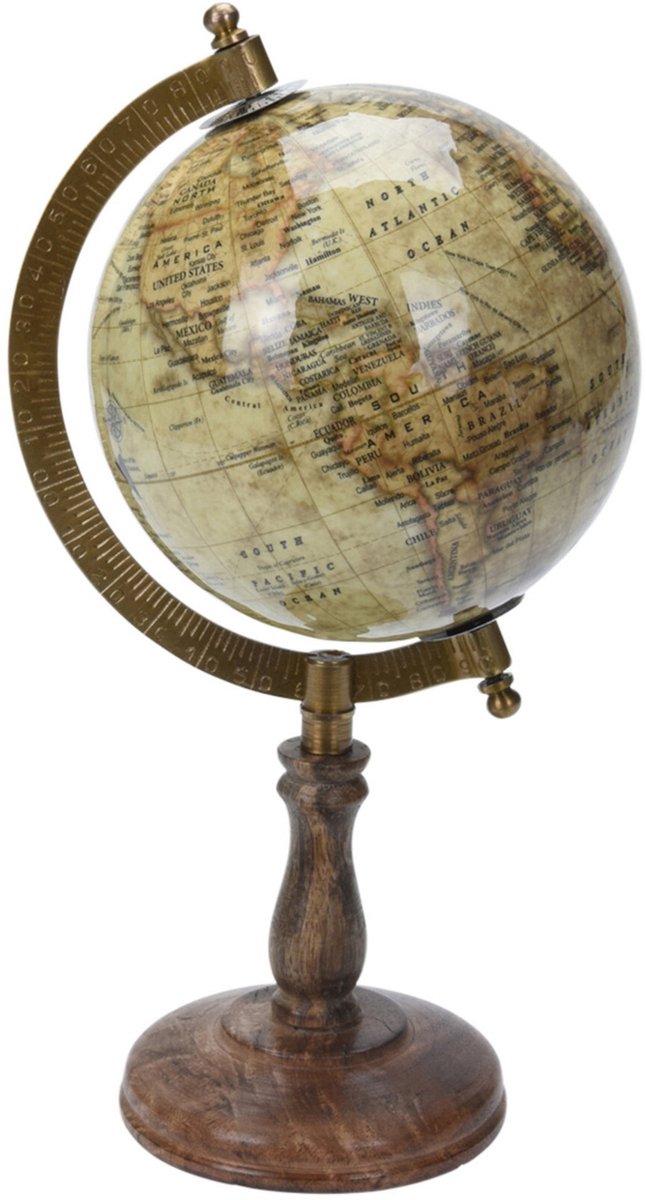   decoratie wereldbol - globe - beige - op mango houten voet - 13 x 28 cm - Landen - contintenten - topografie