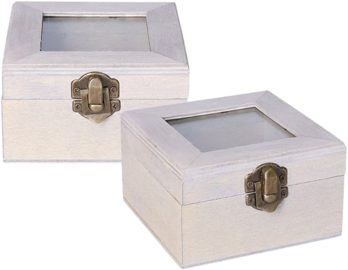 Houten opbergkistje met deksel - 2x - grijs - 10 x 10 x 6 cm - Sieraden/spulletjes/sleutels - Kleine opberg kistjes - Trouwringen doosje