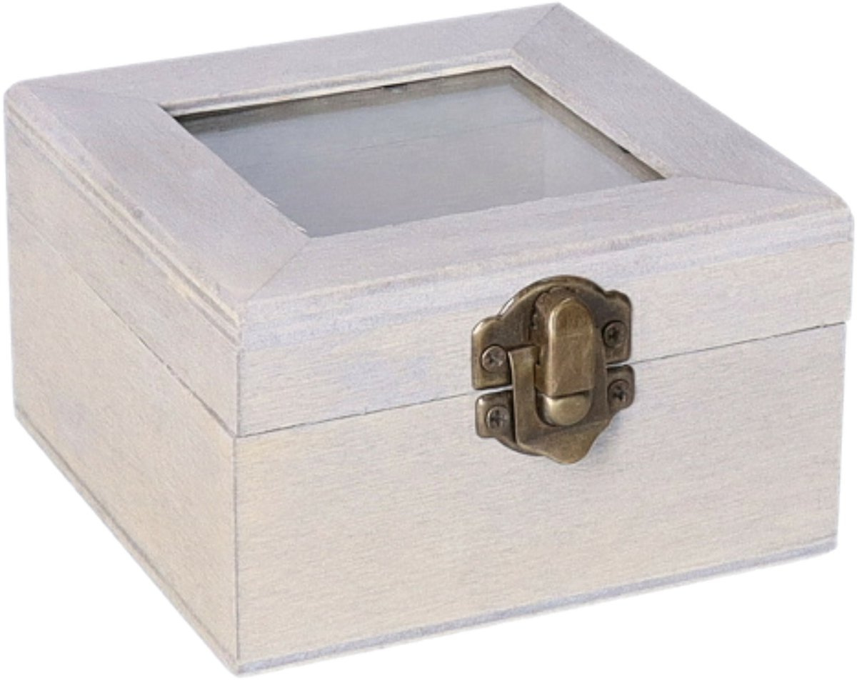 Houten opbergkistje met deksel - grijs - 10 x 10 x 6 cm - Sieraden/spulletjes/sleutels - Kleine opberg kistjes - Trouwringen doosje