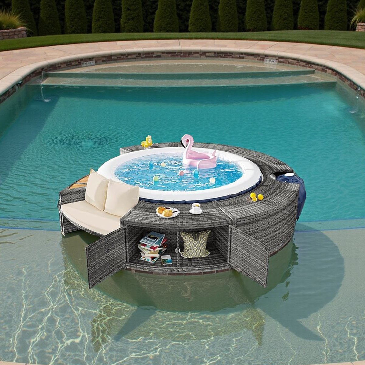 Rond Bubbelbad Omranding met Opbergruimte & Zitplaatsen – Poly Rattan & Hout Zwembadrand, Ø 283 cm, Modern Grijs, Poedergecoat Stalen Frame, Luxe Outdoor Spa Meubelset  