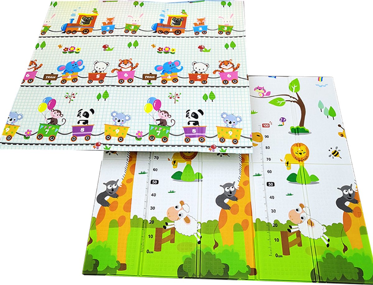 HomeTogether - Speelmat Baby - Speelmat Kinderen - Speelkleed XL - Kruipmat - Foam - Dubbelzijdig - Opvouwbaar - 180 x 200 cm - Giraf en Treintjes- 1,5 cm dik - inclusief opbergtas