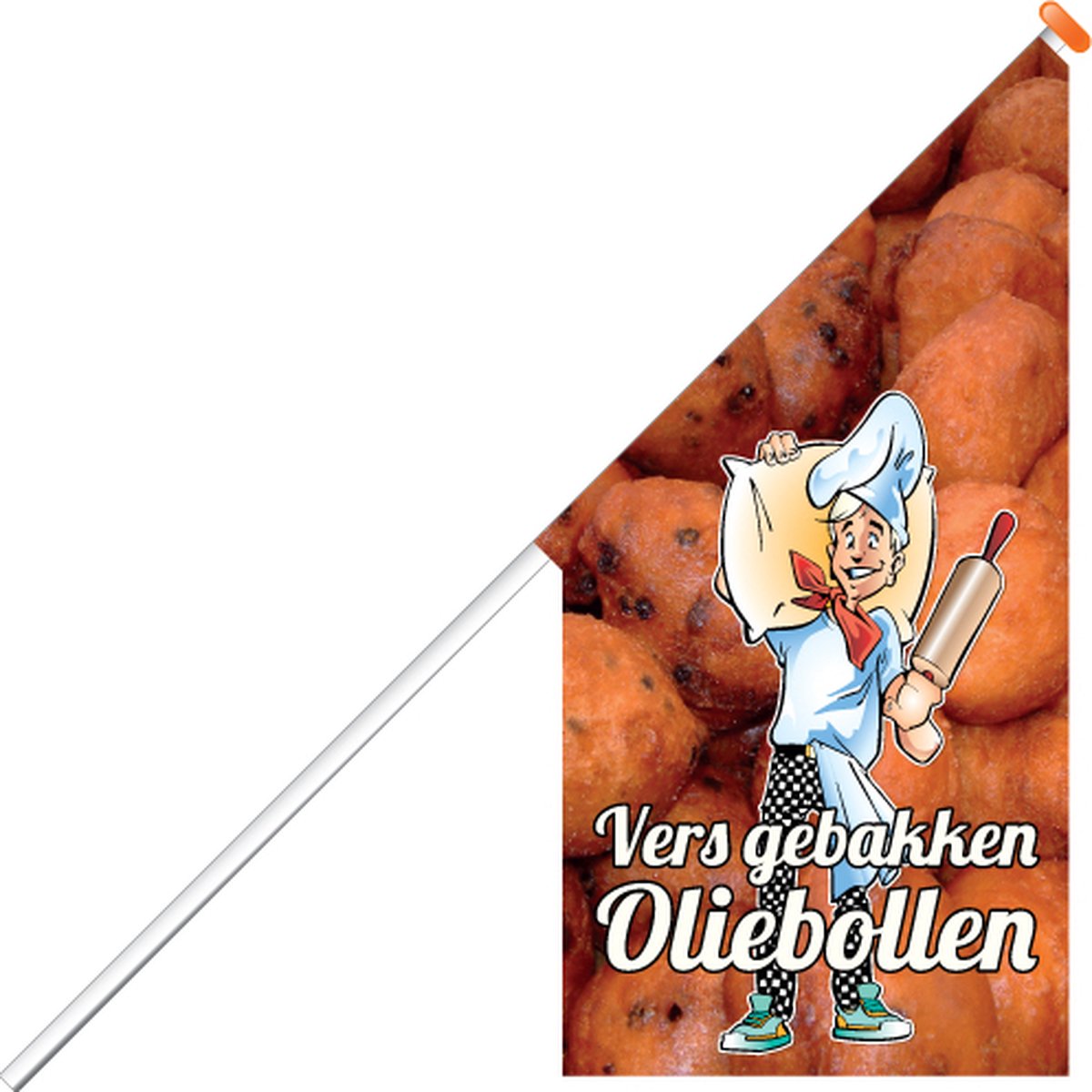 Kioskvlag - Oliebollen - Kioskvlag inclusief aluminium mast en oranje dop - Horecavlaggen.nl