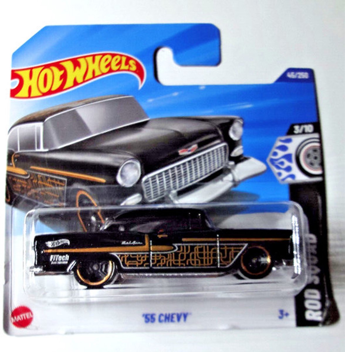 HOT WHEELS 55 CHEVY BLACK/GOLD 45/250 1:64 HW ROD SOUAD 3/10