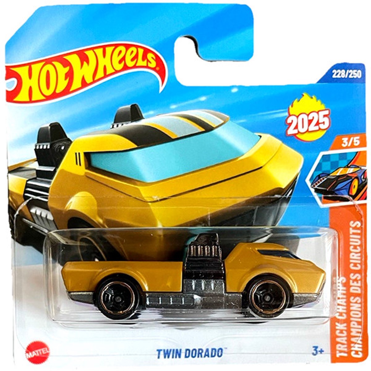 HOT WHEELS TWIN DORADO CHROME GOLD 228/250 1:64 HW TRACK CHAMPS 3/5 SHORT CARD 2025