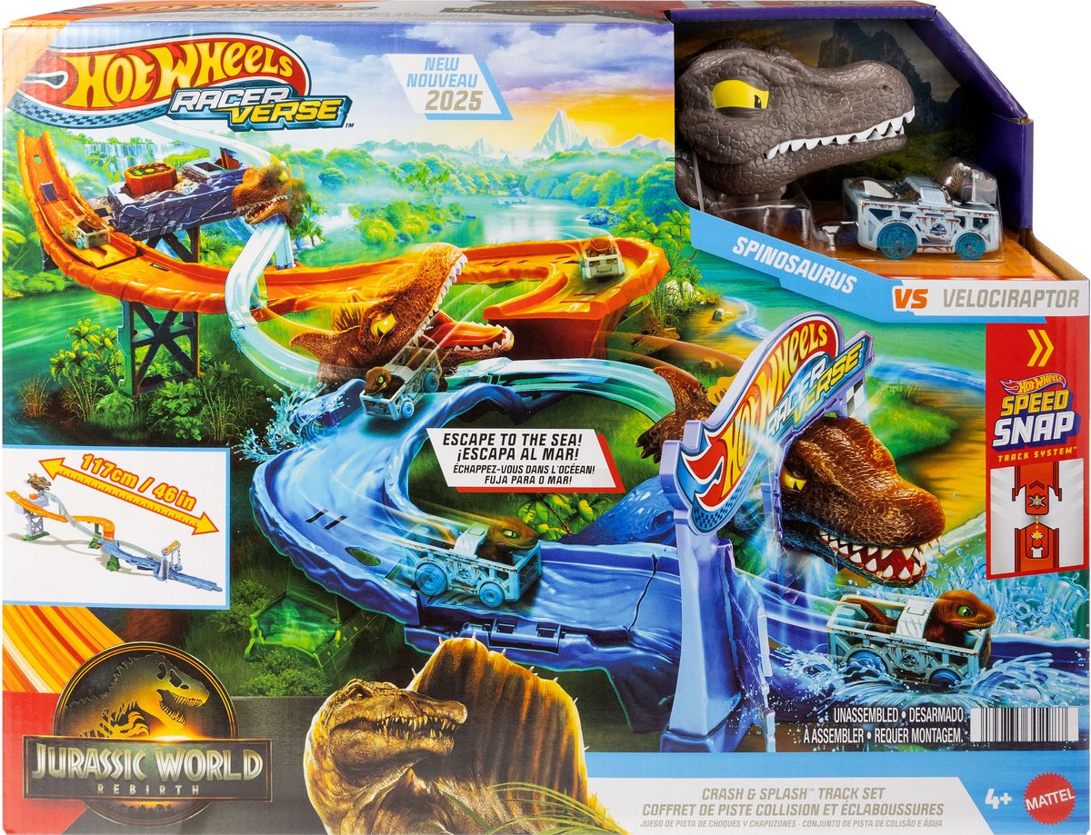   RacerVerse Jurassic World Crashen en Plonzen, baanset en metalen dinosaurusvoertuig