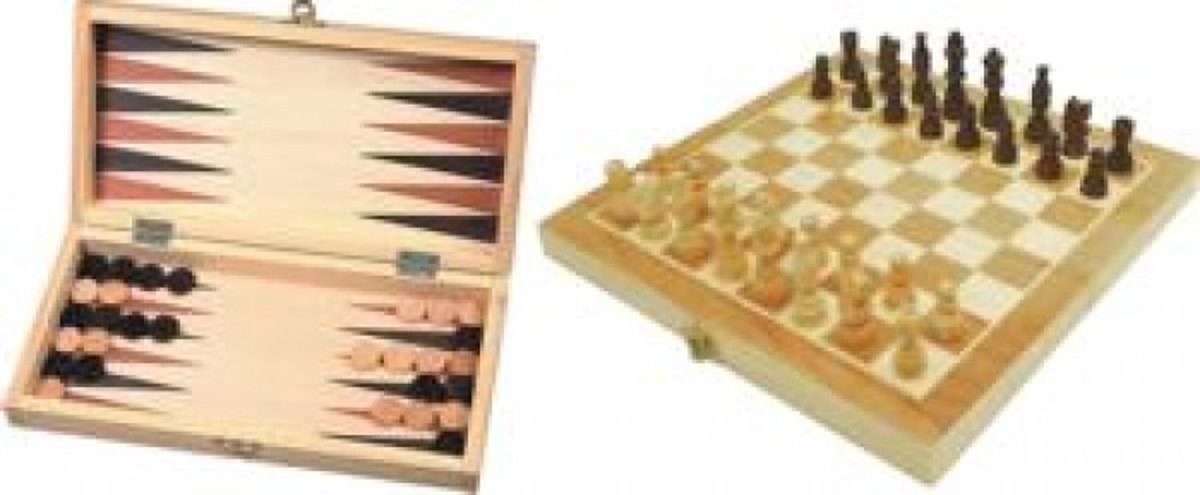 Hot sports Schaak-backgammon klapcassette hout bruin 29x29