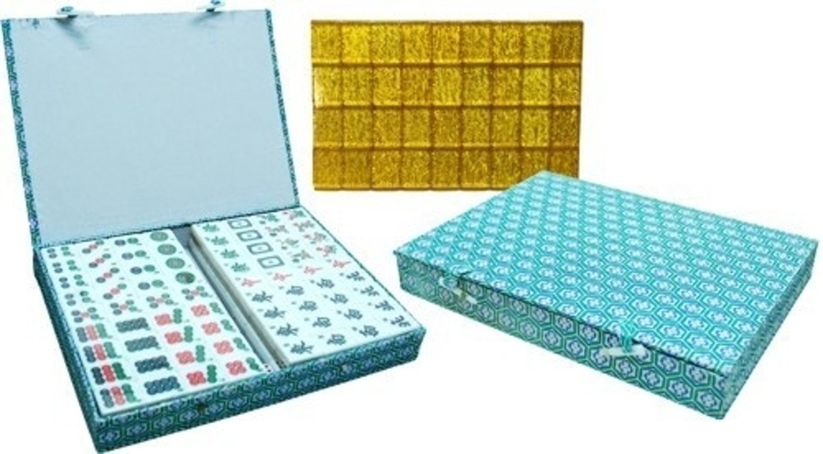 Mah-Jong Kunstof steen Wit/goud,koffer groen stof