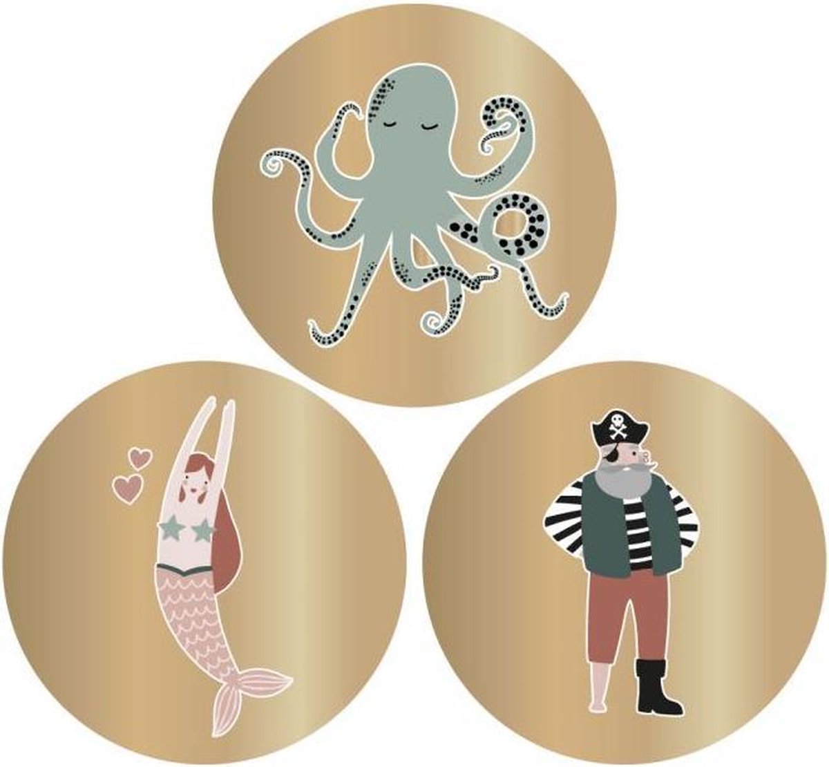 Luxe Cadeausticker Piraat Zeemeermin Octopus Goud 24 stuks - Sluitstickers - Traktatiesticker - Wensetiket - 5,5 cm - Ocean - Sticker voor traktatie - House Of Products