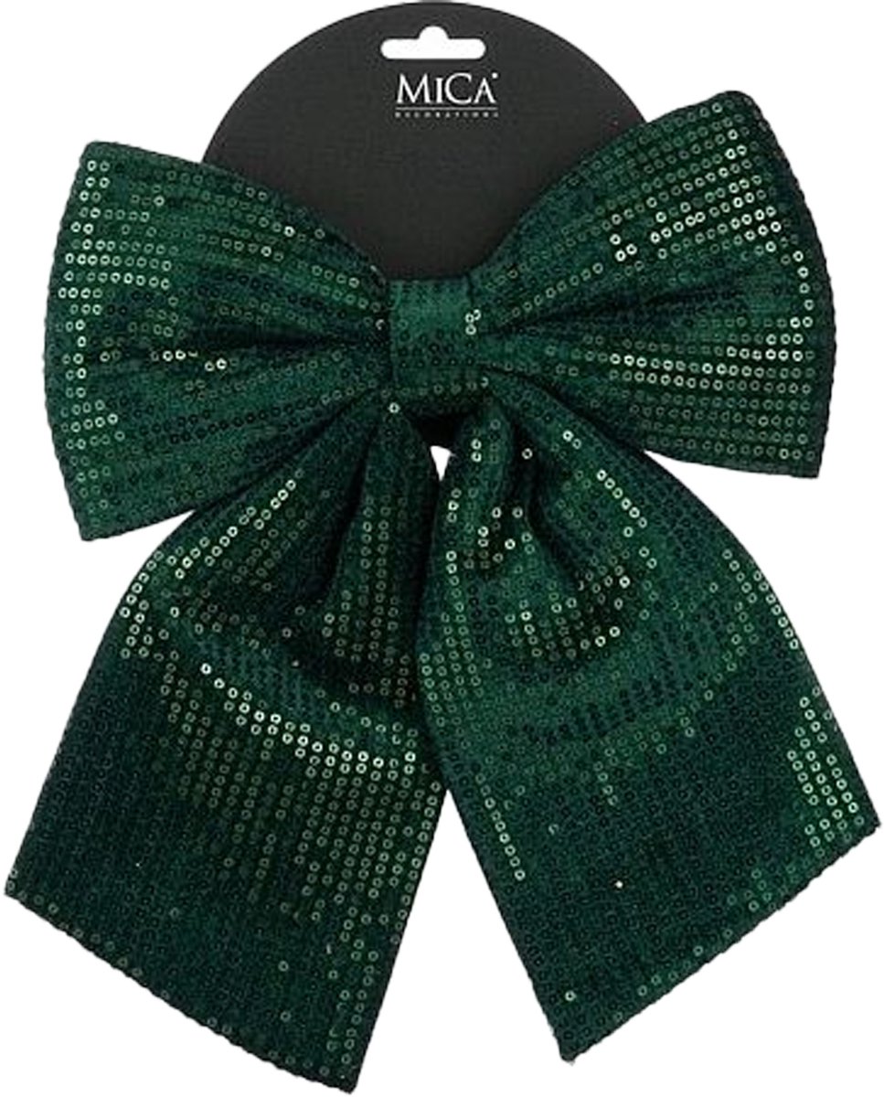 House of Seasons Decoratie strik ornament - groen - 24 x 28 cm - polyester pailletten - strikken