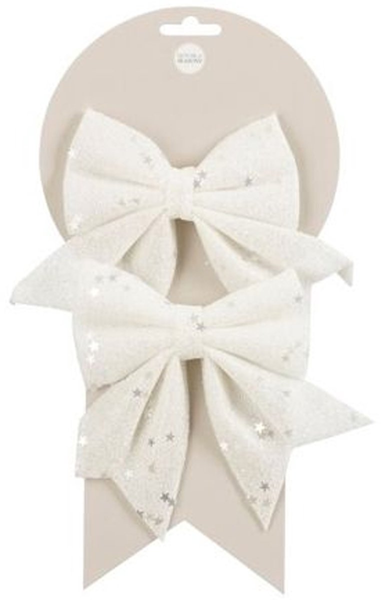 House of Seasons Decoratie strikjes- 2x - wit met glitter - 12 x 13 cm - strikjes