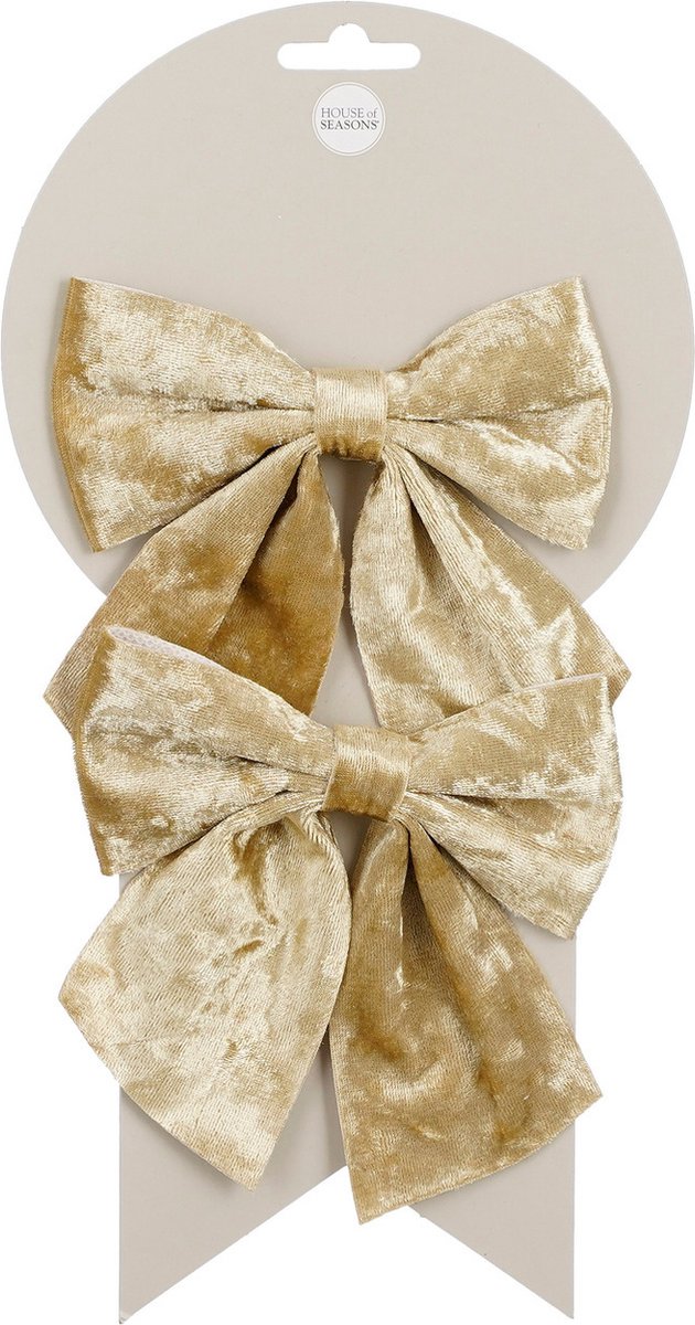 House of Seasons Decoratie strikken - 2x st - champagne - 12 x 13 cm - feeststrikjes
