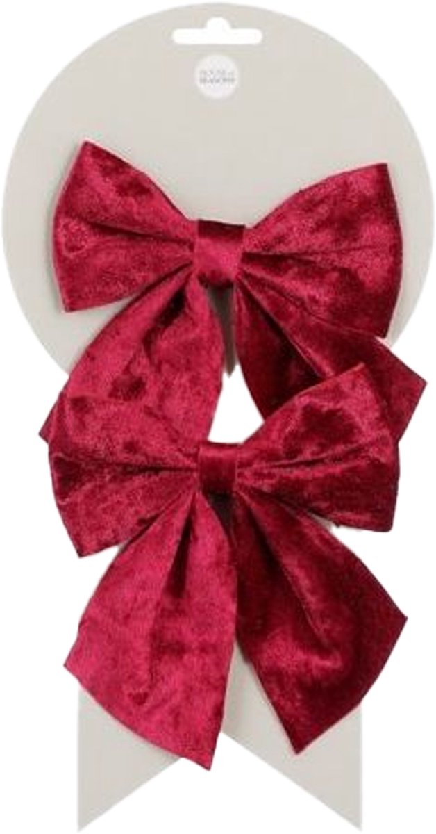 House of Seasons Decoratie strikken - 2x st - velvet rood - 12 x 13 cm - strikjes