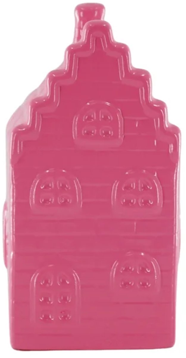 Housevitamin - Spaarpot - Huis - keramiek - grachtenpand - neon roze - 7x7x13 cm