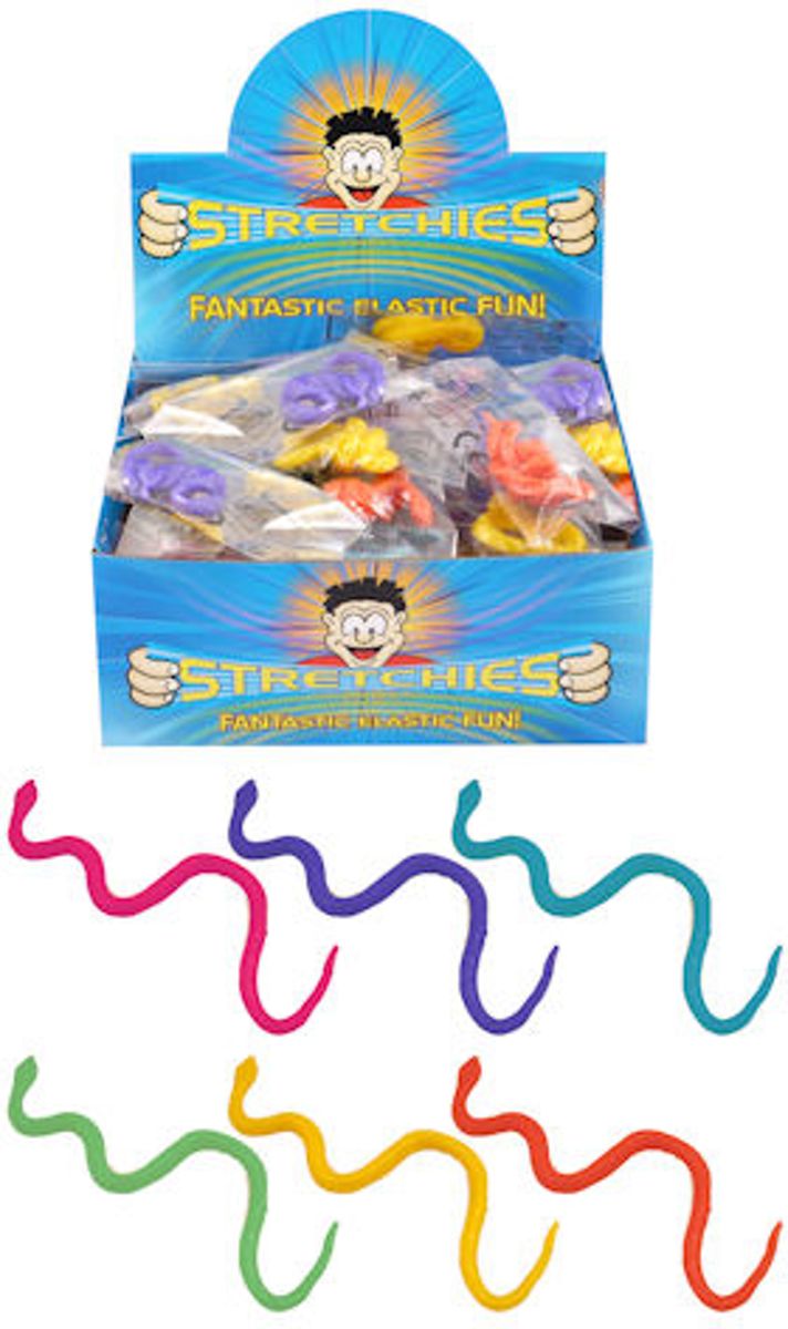 Uitdeelcadeautjes - Uittrekbare Strech Slangen in Display (96 stuks)