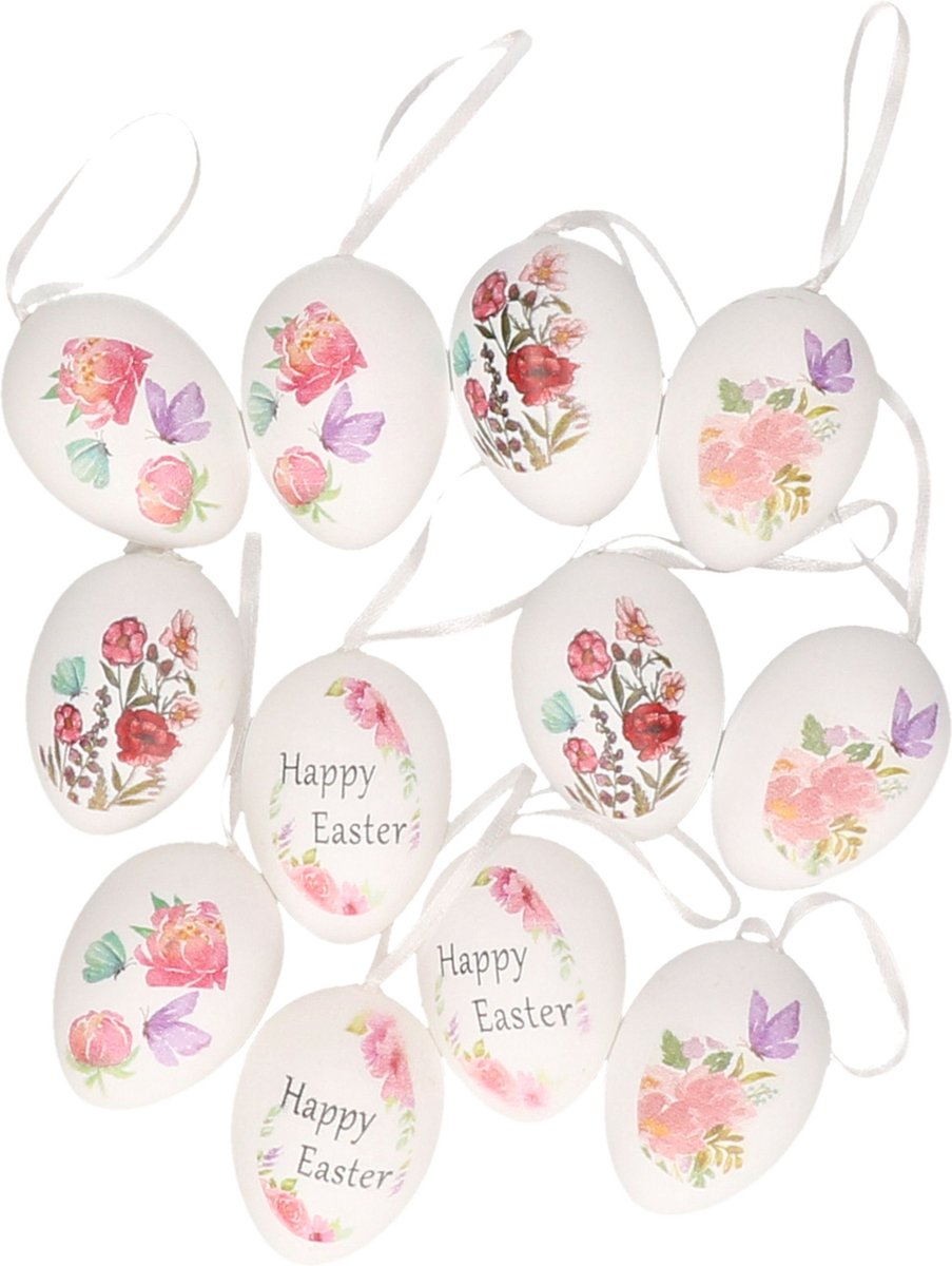 Decoratie paaseieren - 36x - kunststof - wit - 6cm hoog - paasdecoratie met ophanglint