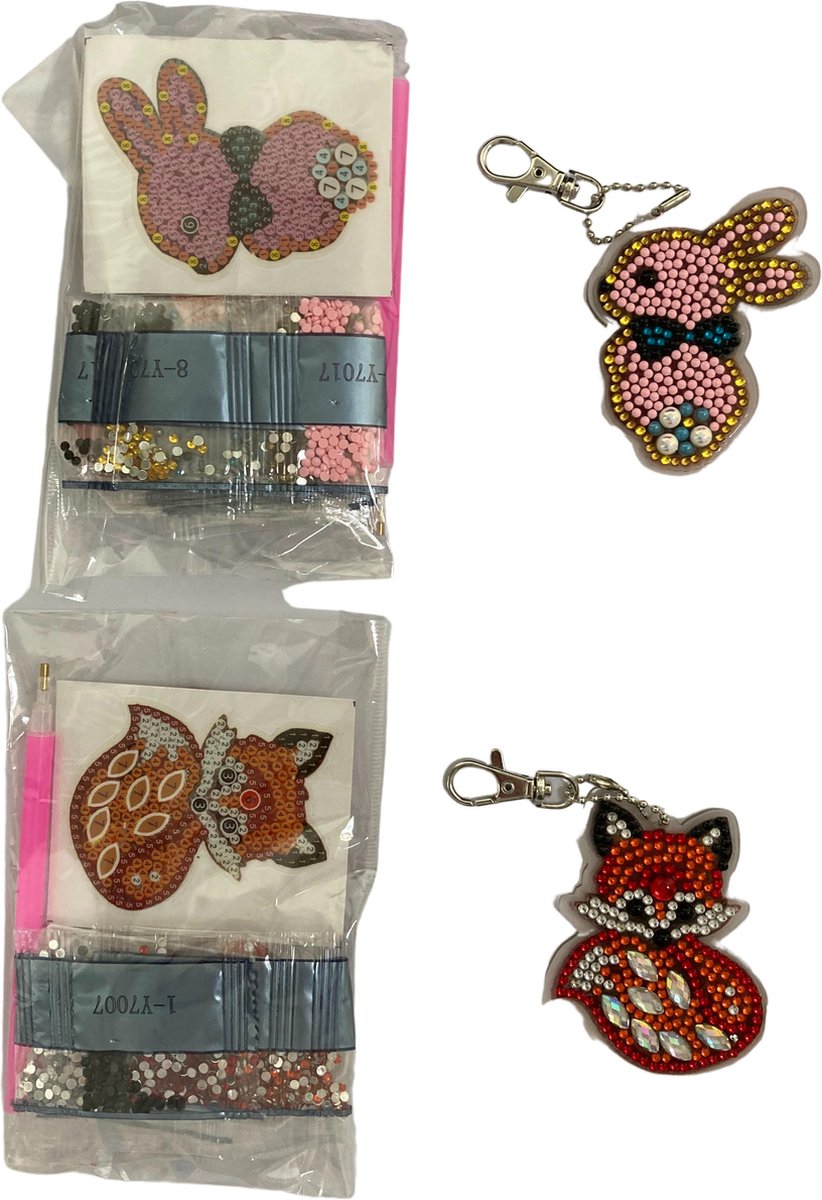   Diamond Painting Sleutelhanger Set - Vos/Konijn - Accessoires - pen - Kinderen - Pakket Volwassenen - Pakket Full - Pakket Volledig - Accesoires - Dieren