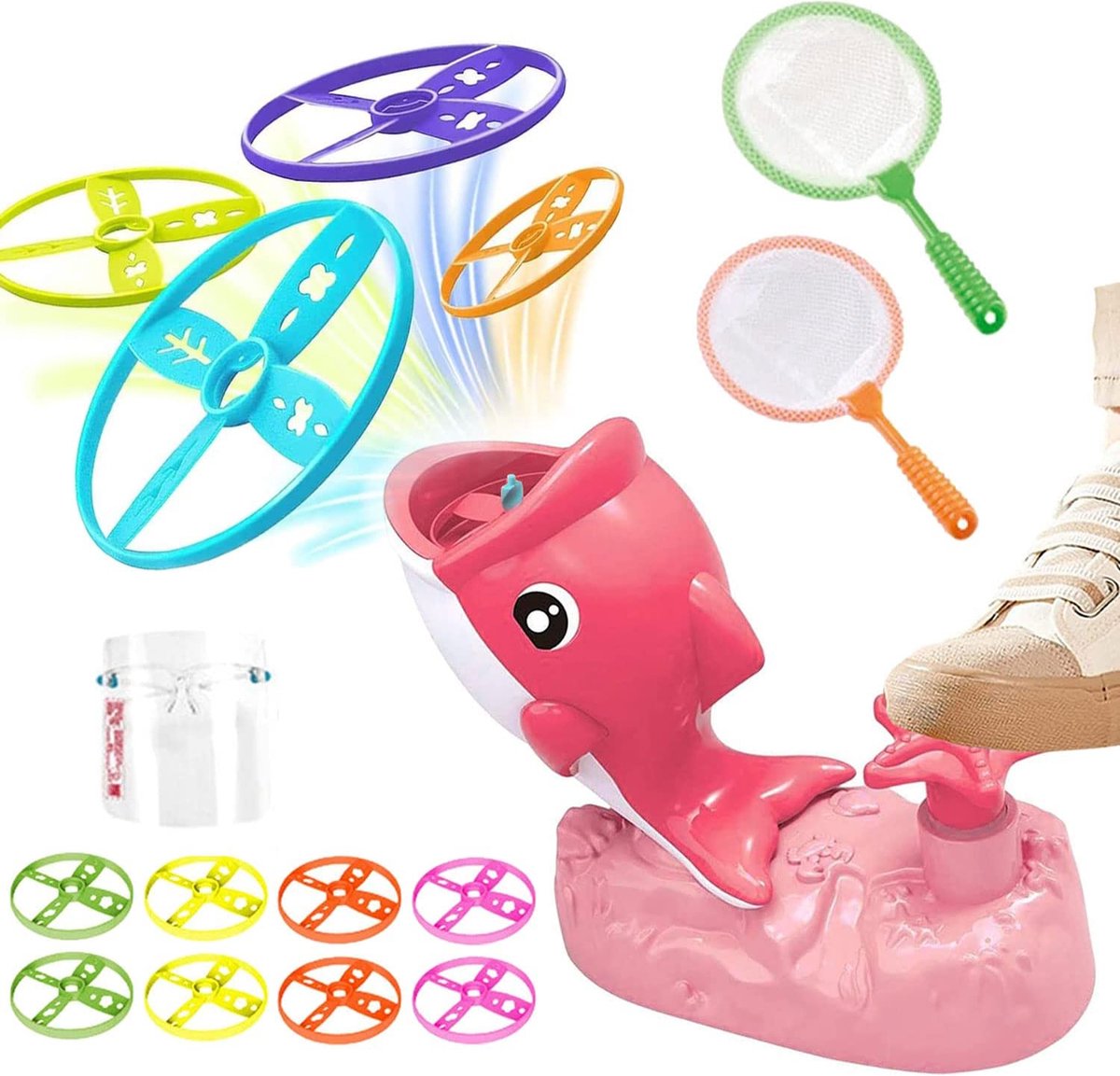 Huntex Shark Disc Launcher Game - Roze - Buitenspeelgoed Voor Kinderen - Inclusief Bescherming 8 Schijven En 2 Vangnetten - Zomer Speelgoed Voor Jongens / Meisjes - Rage 2023 - Zwembad Speelgoed