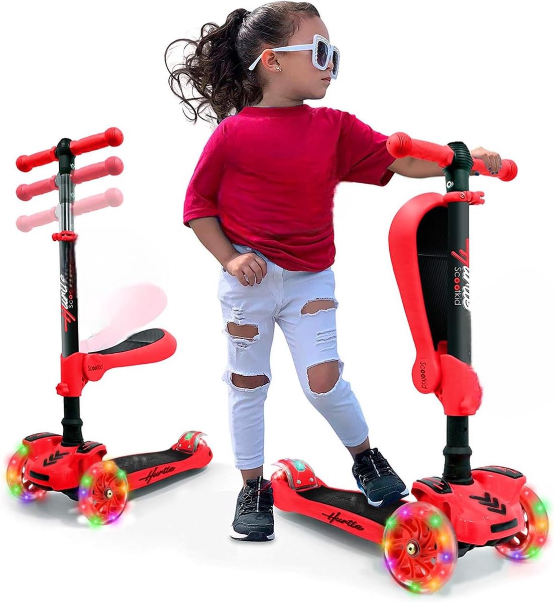 Hurtle Kinderstep, 3-wiel Step, Opvouwbare Scooter met Verstelbare Hoogte, Antislip Platform, LED Verlichte Wielen, Step voor Meisjes