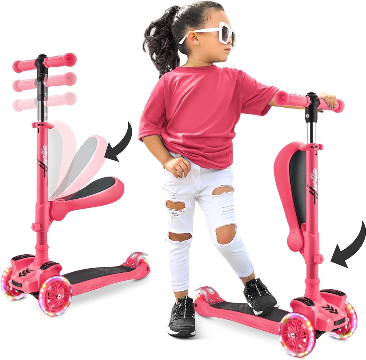 Hurtle Kinderstep, 3-wiel Step, Opvouwbare Scooter met Verstelbare Hoogte, Antislip Platform, LED Verlichte Wielen