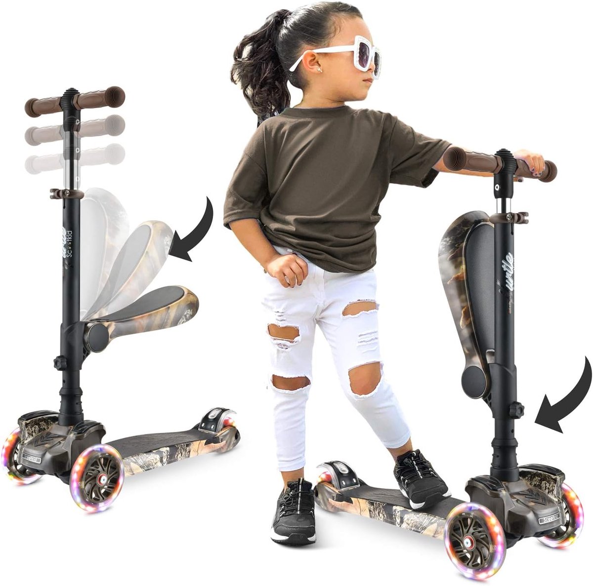 Hurtle Kinderstep, 3-wiel Step, Opvouwbare Scooter met Verstelbare Hoogte, Antislip Platform, LED Verlichte Wielen