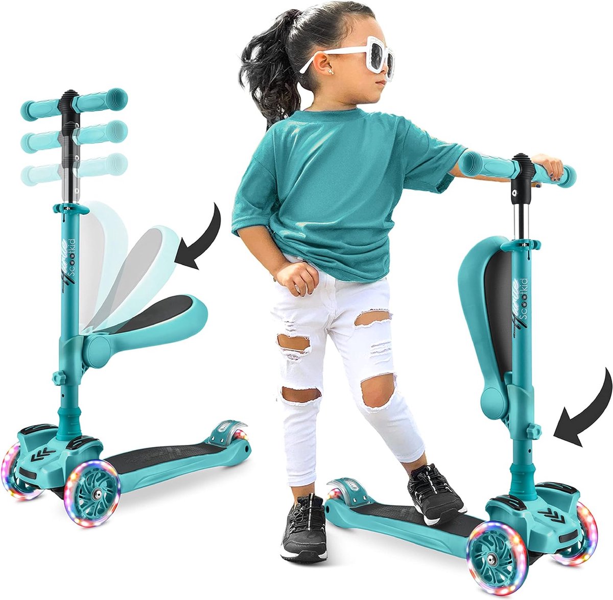 Hurtle Kinderstep - 3-wiel Step - Opvouwbare Scooter met Verstelbare Hoogte, Antislip Platform en LED Verlichte Wielen, Step voor Meisjes/Jongens