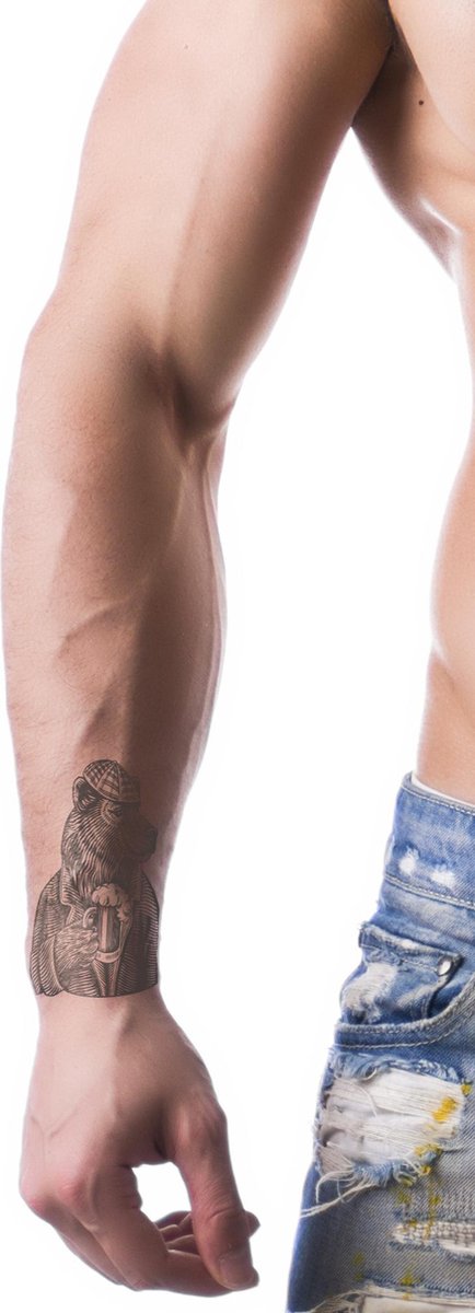 Huurdies Fine Line Tattoos- Henna Plak Tattoos / Tijdelijke Tattoo / Nep Tatoeage / Fake Temporary Tattoo - Beer met drinken - 4x