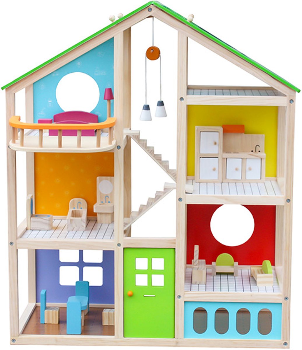 HOUT   NEW  MET GRTIS POPPEN,Speelgoedhuis,kinderenspeelgoedhuis,droomhuis, All Color gemeubileerd 73CM HOOG