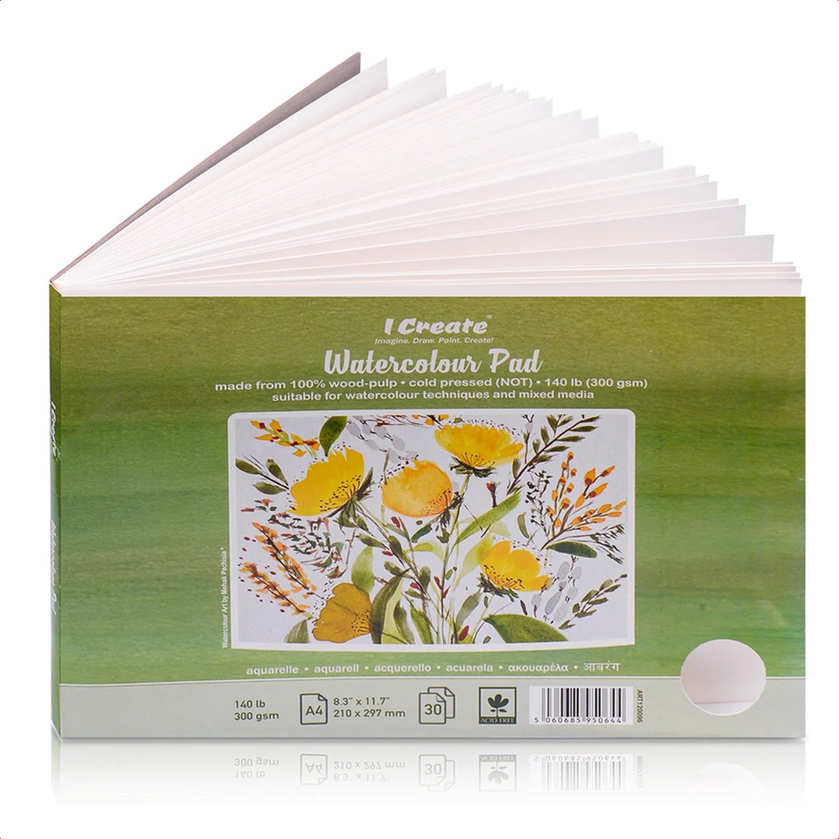 I Create A4 Aquarelblok 300 gsm - Koudgeperst Aquarelpapier met Textuur - 30 Bladen om Te Schilderen en Creatief te Zijn
