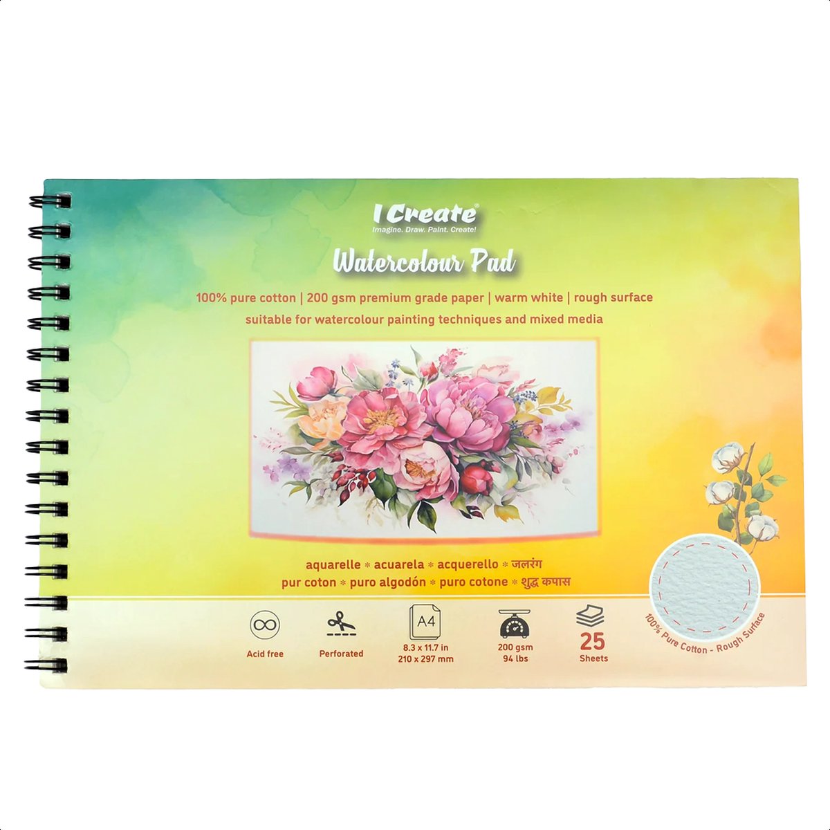   A4 Aquarelblok Katoen - 200 gsm, 25 Vellen Aquarelpapier om te Schilderen - Spiraalgebonden en Geperforeerd