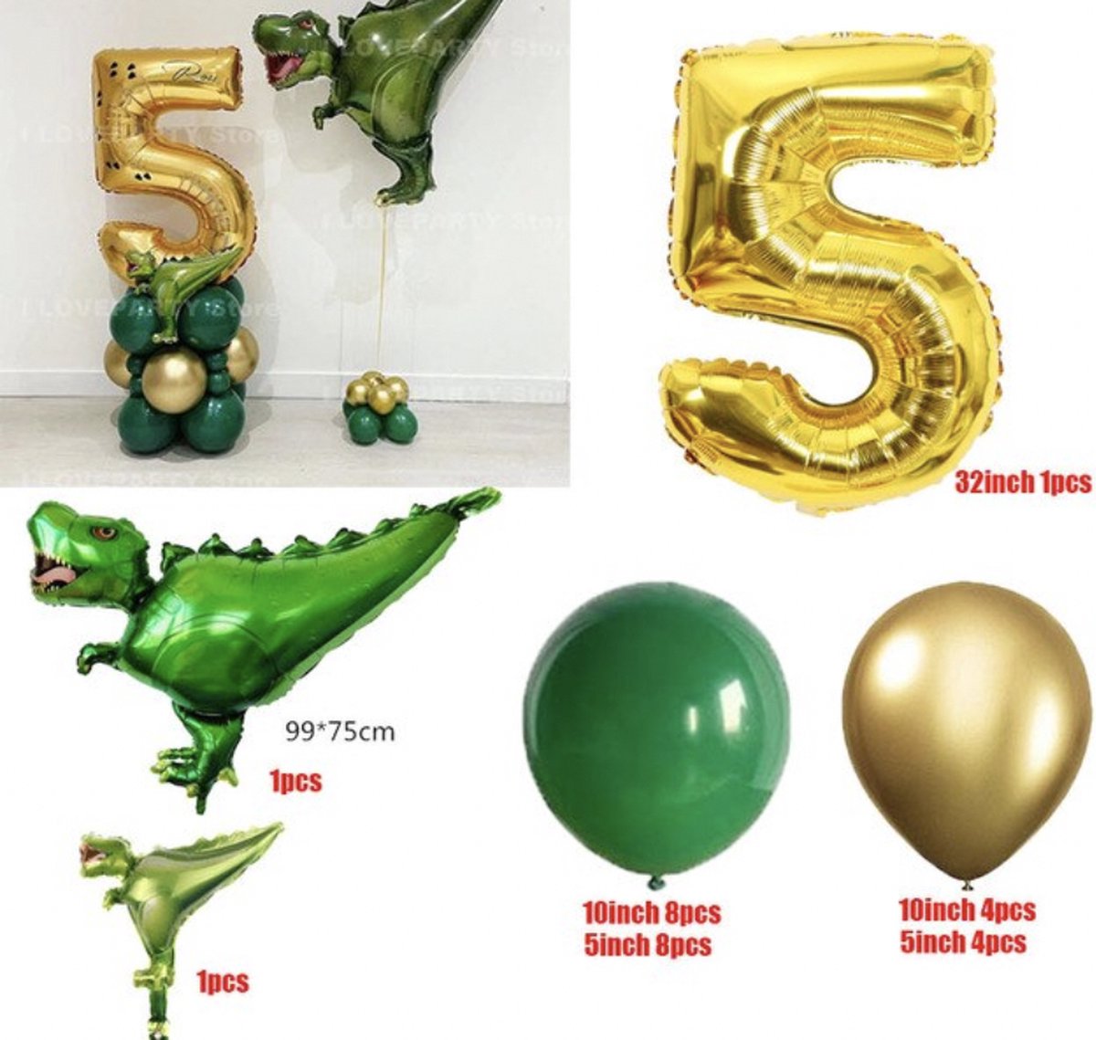 Dinosaurus Verjaardag Ballonnen - Leeftijd: 5 jaar - Dino Ballonnen Set - Feestpakket / Verjaardag Versiering - Feestversiering Thema: Dino - Themafeest - Kinder Verjaardag - Ballonnen / Folieballon / Heliumballon / Leeftijdballon