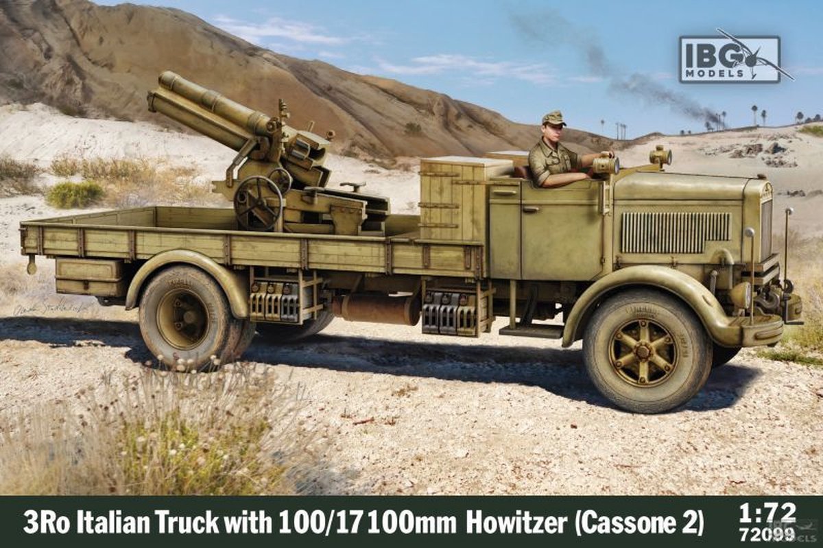 IBG Models Modelbouwpakket Auto - 72099 Lancia 3RO - Italiaanse 3Ro-vrachtwagen met 100 mm houwitser 100/17 (Cassone 2) Plastic - 1:72 -