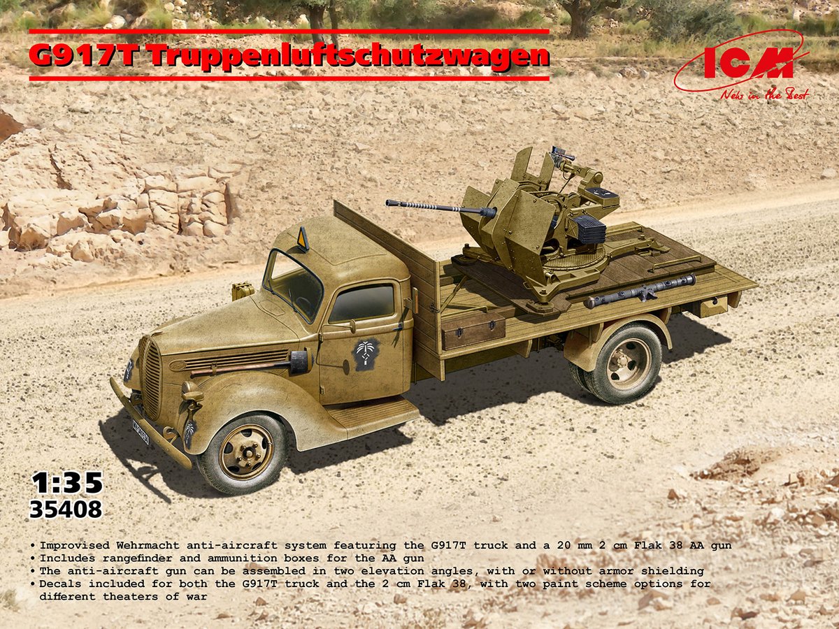 ICM Modelbouwpakket Auto - 35408 Ford G917T Truppenluftschutzwagen - met 20mm 2cm Flak 38 Luchtafweerkanon - Vrachtwagen Plastic - 1:35 -