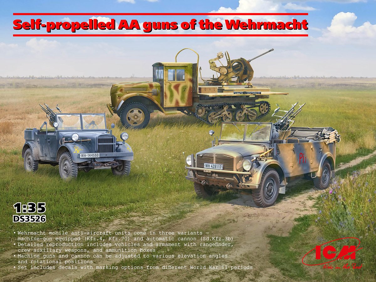 ICM Modelbouwpakket Auto - DS3526 Zelfrijdende luchtafweergeschutten van de Wehrmacht - Ford V3000 en 2x Personenkraftwagen Plastic - 1:35 -